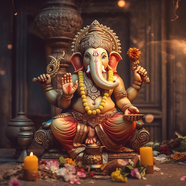 Illustration of Ganesha background for Happy Ganesh Chaturthi festival of India Generative Ai