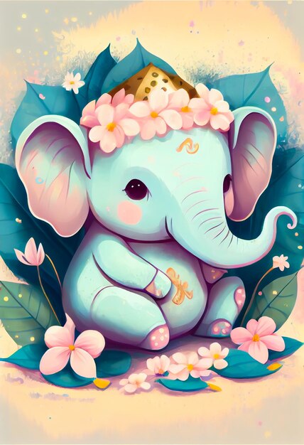 Illustration of Ganesha Little elephant pastel colored Generative AI