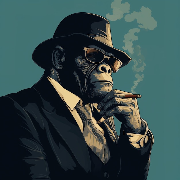 Illustration of a gangster gorilla in a hat smoking a cigar AI generative