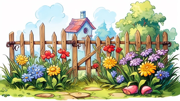 illustration of a garden with a fence and flowers generative ai