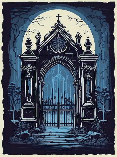 Photo an illustration of a gate with a graveyard in the background