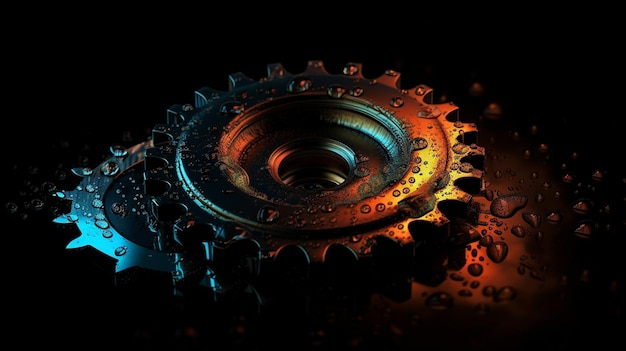 Illustration of gear wheel over dark background with water dropsgenerative ai