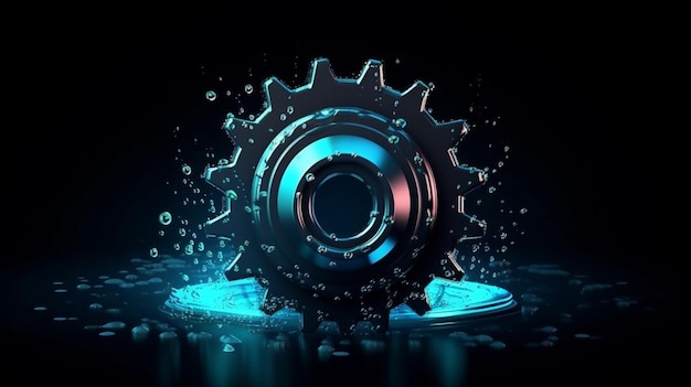 Illustration of gear wheel over dark background with water dropsgenerative ai