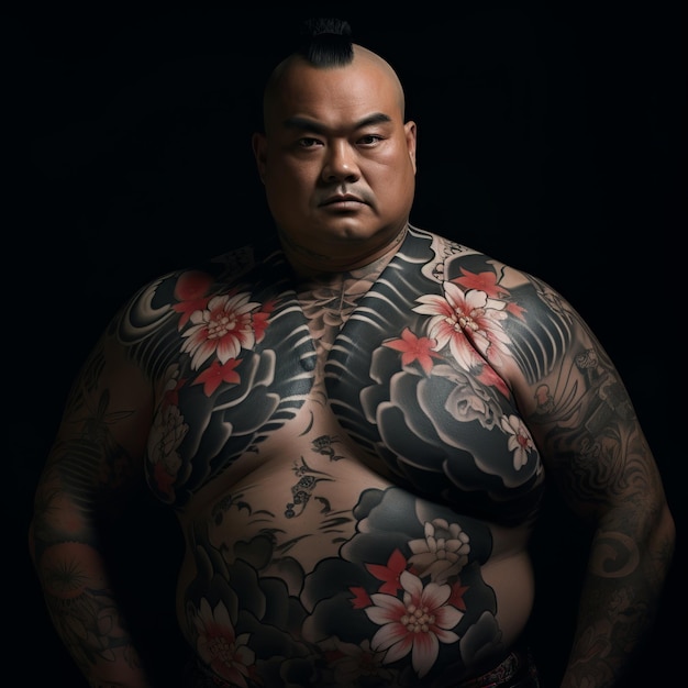 illustration of geisha tattoo design on a fat japanese man hyper rea