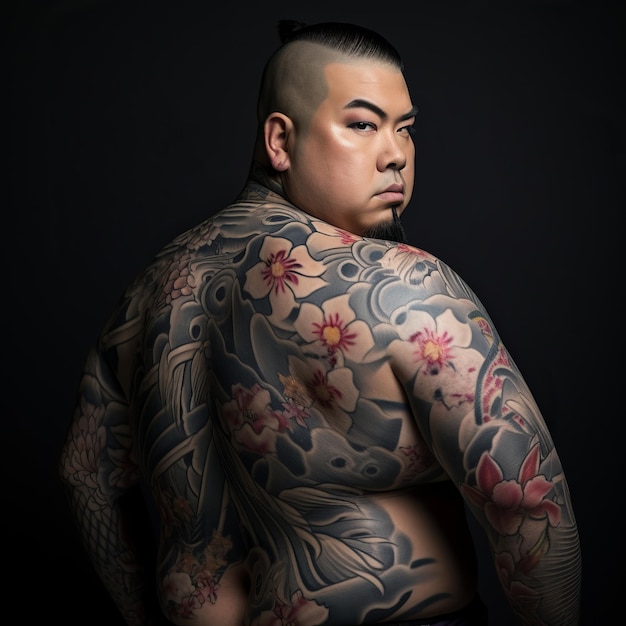 Photo illustration of geisha tattoo design on a fat japanese man hyper rea