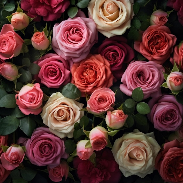 Illustration Generative AI realistic roses of different colors beautiful floral background top view