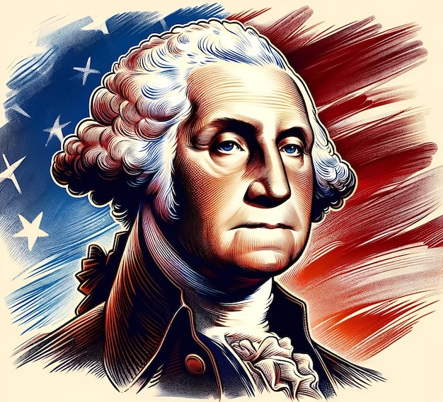 Иллюстрация портрета Джорджа Вашингтона с американским флагом на празднование дня рождения