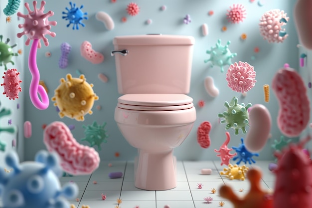 Illustration of Germs and Bacteria Around Toilet in Bathroom