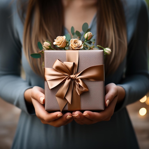 Illustration of a gift box in hand with a Christmas background AI Generated