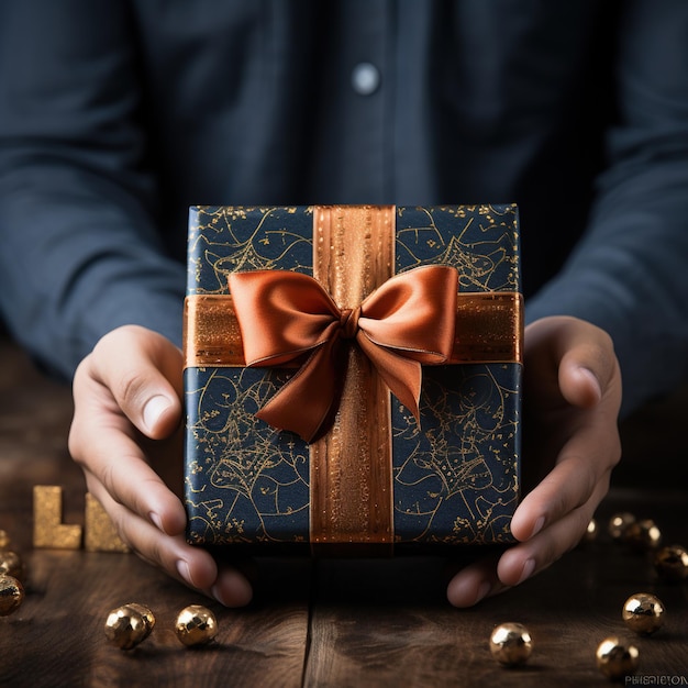 Illustration of a gift box in hand with a Christmas background AI Generated