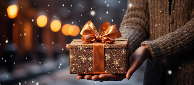 Иллюстрация подарочной коробки в руке на рождественском фоне Сгенерировано AI