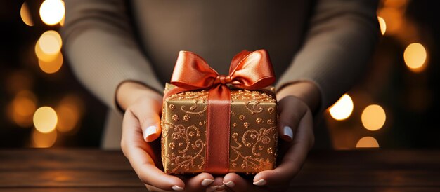 Illustration of a gift box in hand with a Christmas background AI Generated