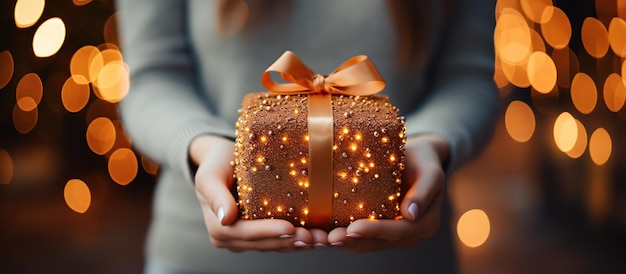 Illustration of a gift box in hand with a Christmas background AI Generated