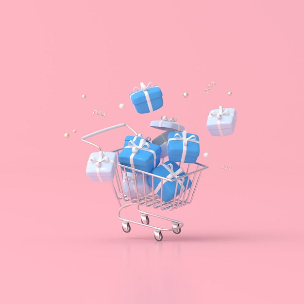 Photo illustration of gift boxes in shopping cart. 3d rendering.