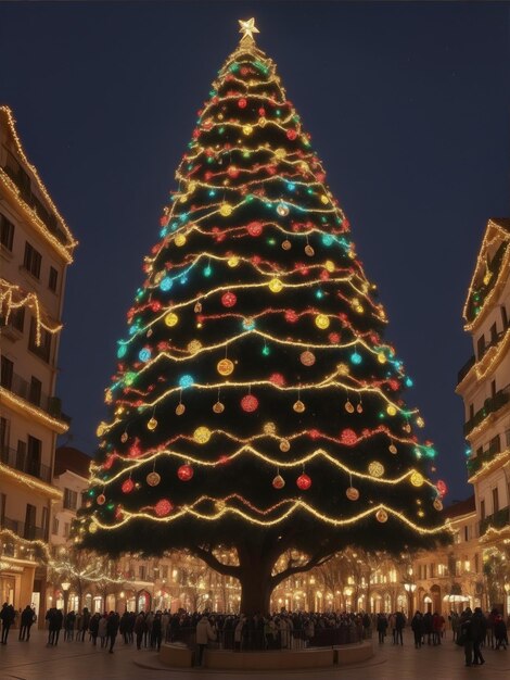 Illustration of a gigantic Christmas tree in a city