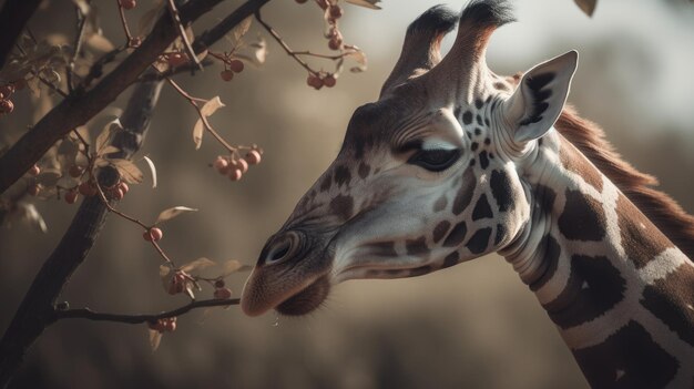 Illustration of a giraffe looking for food in the middle of the forest