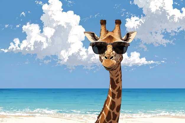 Иллюстрация жирафа в солнцезащитных очках с морским пляжем и небесным фоном