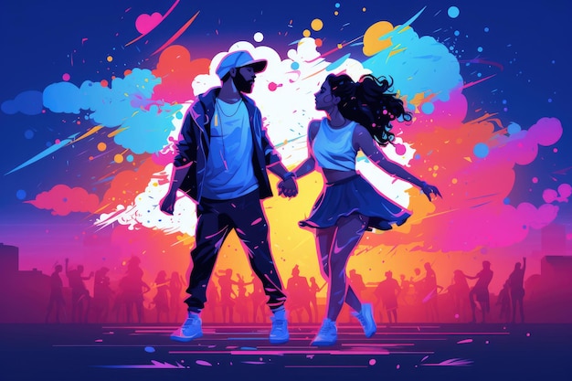 Illustration of girl and boy dancing at a rave neon party