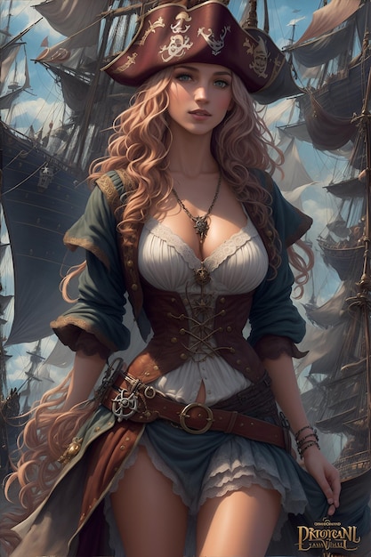 Photo an illustration of a girl captain wearing pirate clothes with her ship