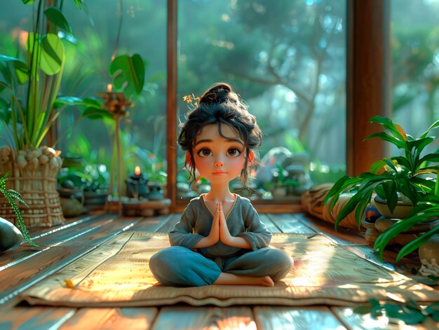Photo illustration of a girl doing yoga at home surrounded by greenery generative ai