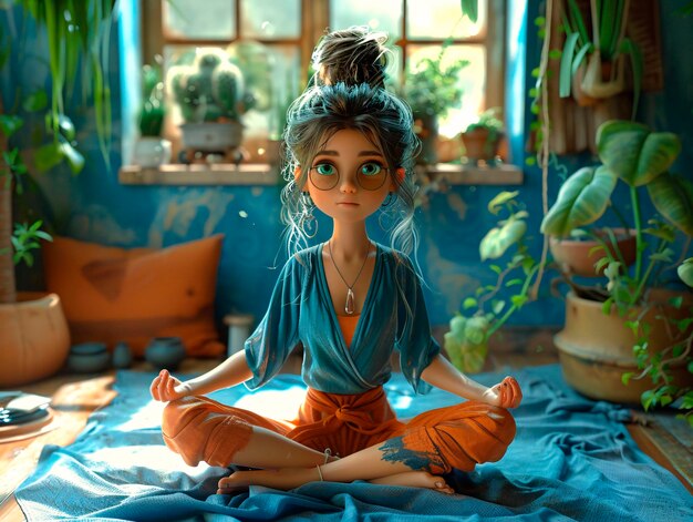 Photo illustration of a girl doing yoga at home surrounded by greenery generative ai