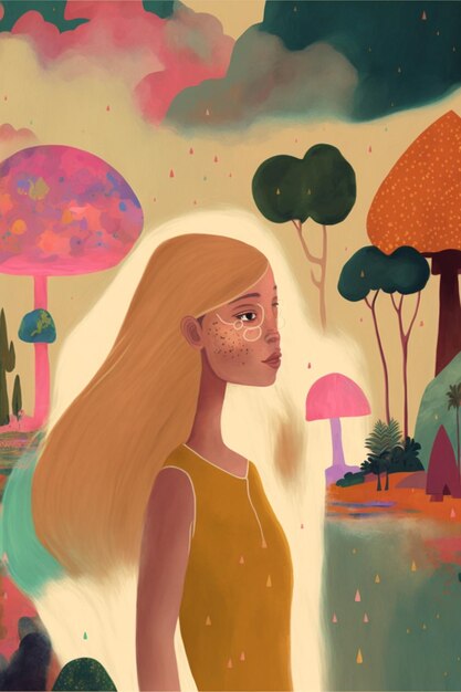 Illustration of girl in an interesting world of love Generative Ai