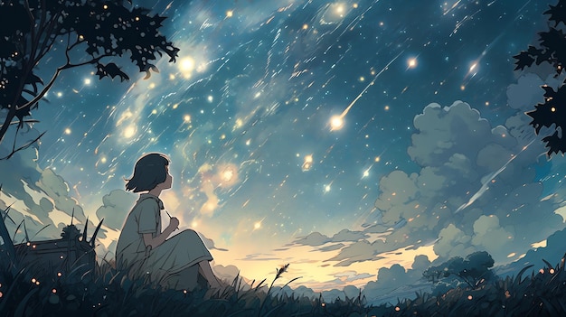 illustration of a girl looking at the stars under the starry sky