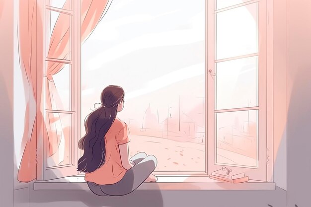 illustration a girl looks outdoors sitting at the window