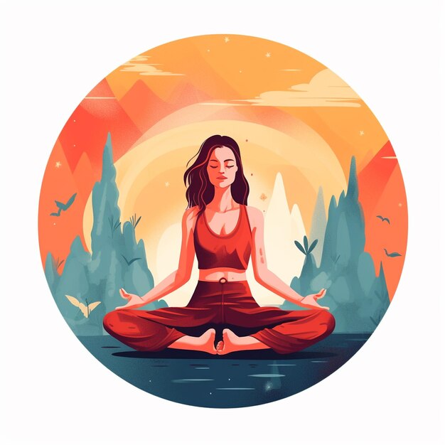 Photo illustration of a girl meditating surrounded animated character style 3d logo isolated background