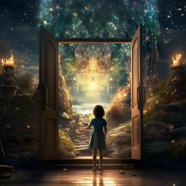 Иллюстрация девушки, открывающей дверь, сделанная книгой Книга люмино