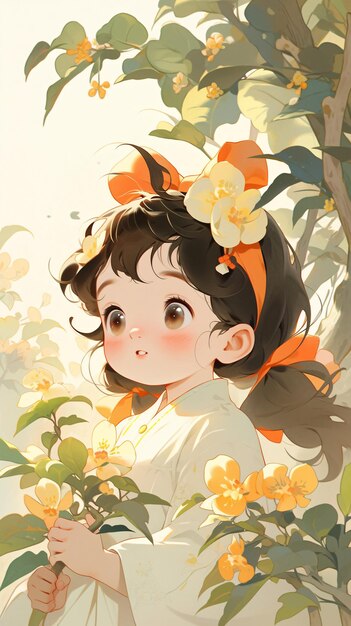 春の花の中で遊ぶ女の子のイラスト 春の始まりの概念イラスト