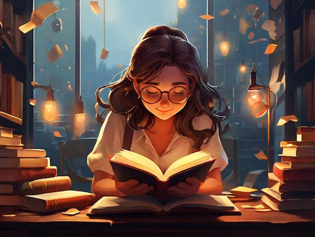 illustration of a girl reading book on stack of books