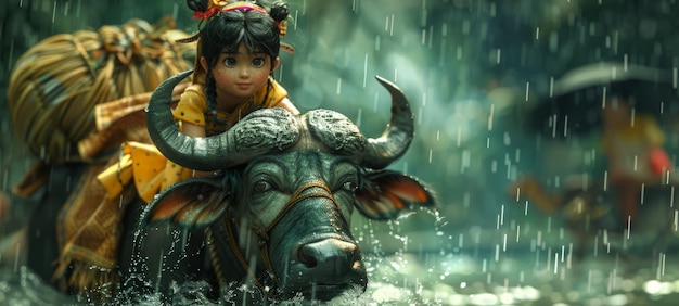 Photo an illustration of a girl riding a carabao in the rain