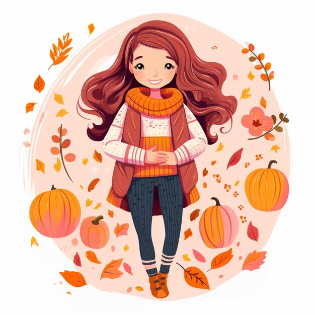 Photo illustration of a girl in a scarf and scarf with autumn leaves generative ai