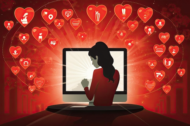 Illustration of a girl searching her love in a desktop computer Hearts flowing from the screen