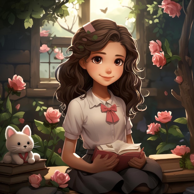 an illustration of a girl sitting on a bench with a book and a cat