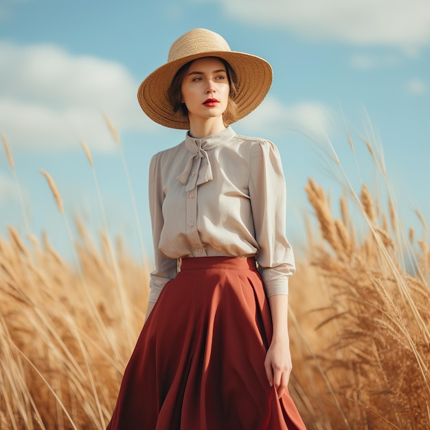 illustration of a girl standing in a field dressed in a skirt and