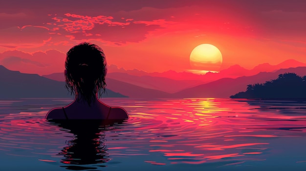 An illustration of a girl swimming and relaxing in the ocean against the backdrop of mountains and sunset
