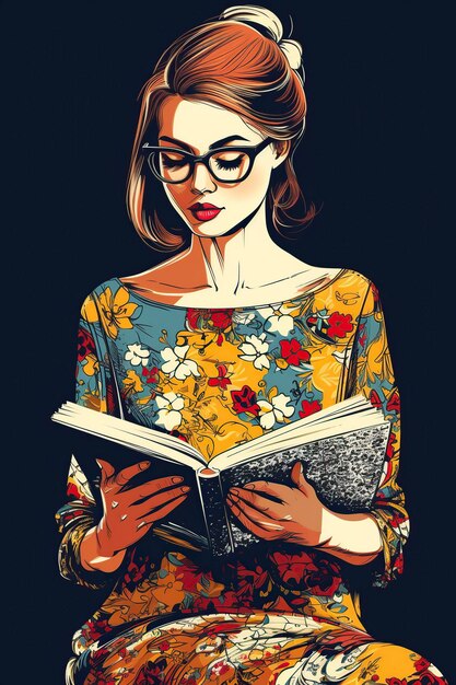 иллюстрация девушка, которая читает сидячую книгу