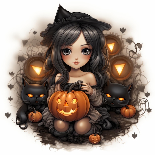 an illustration of a girl in a witch costume holding a pumpkin