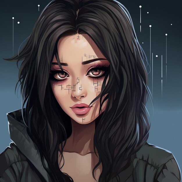 an illustration of a girl with black hair and dark eyes