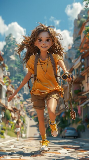 Photo an illustration of a girl with a camera running down a street