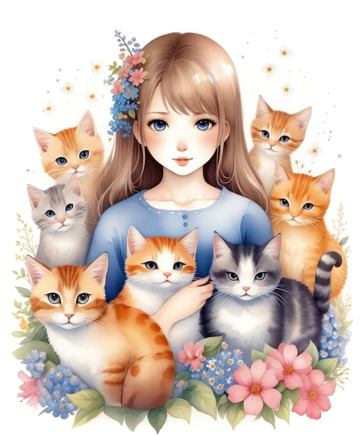 illustration of girl with cats and flowers