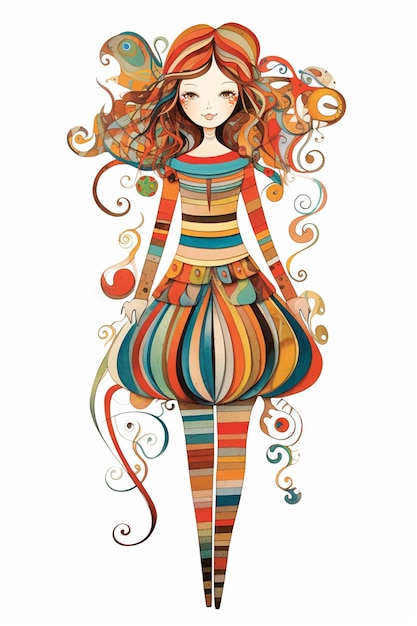 illustration of a girl with a colorful dress and a butterfly generative ai