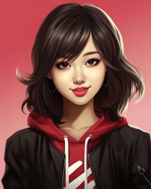 An illustration of a girl with dark hair and a red hoodie