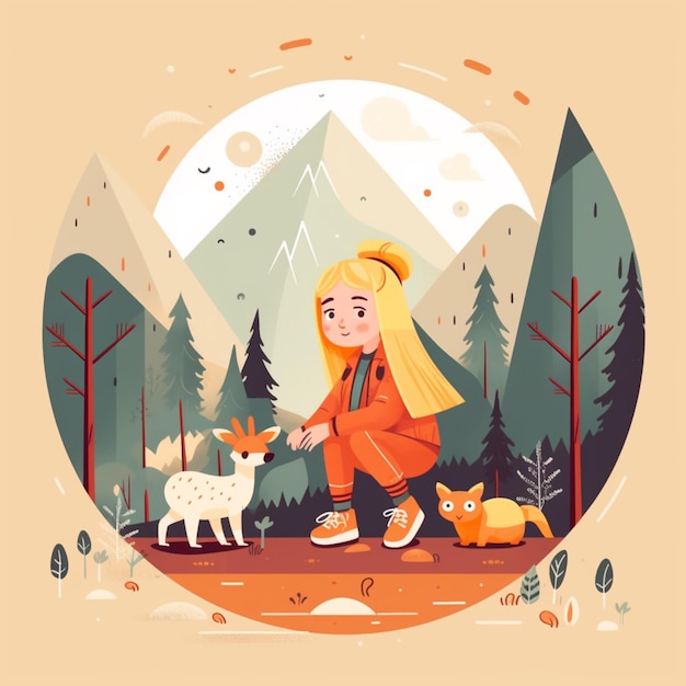 Illustration of a girl with a dog and a cat in a forest generative ai