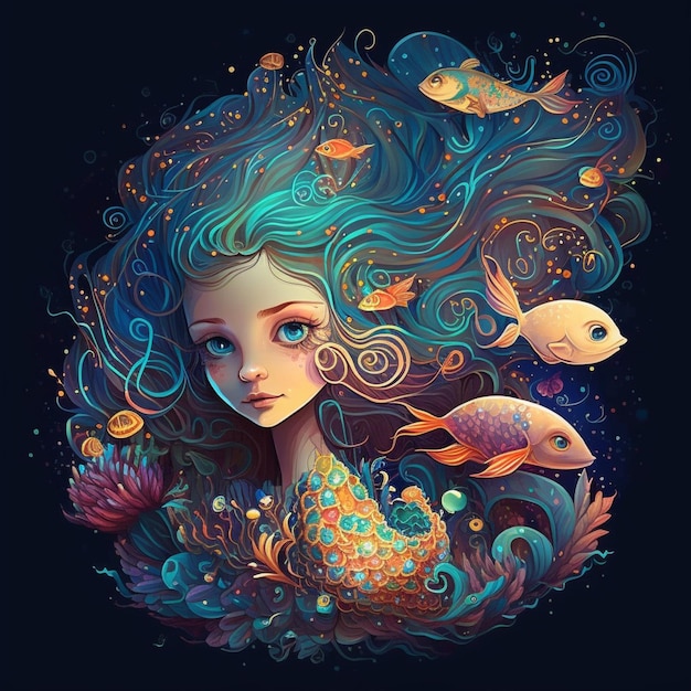 Иллюстрация девушки с рыбой и генеративным ананасом ai