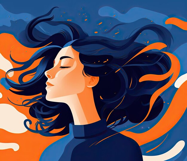 An illustration of a girl with hair touching something around her in the style of light navy and