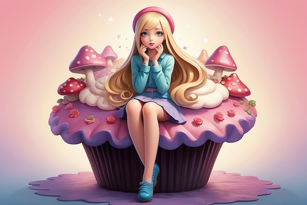 Illustration of a girl with long blond hair sitting in a thinking pose on a huge cupcake resembling