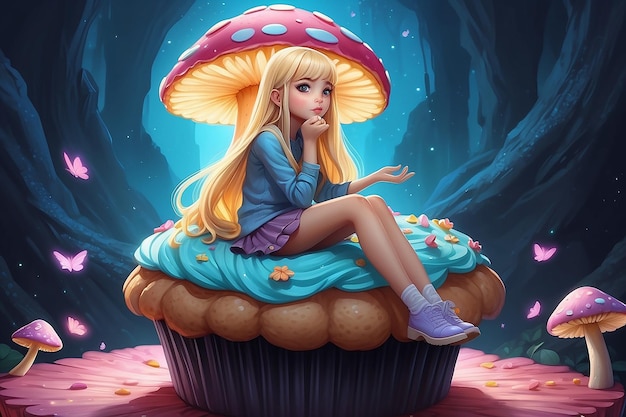 Illustration of a girl with long blond hair sitting in a thinking pose on a huge cupcake resembling
